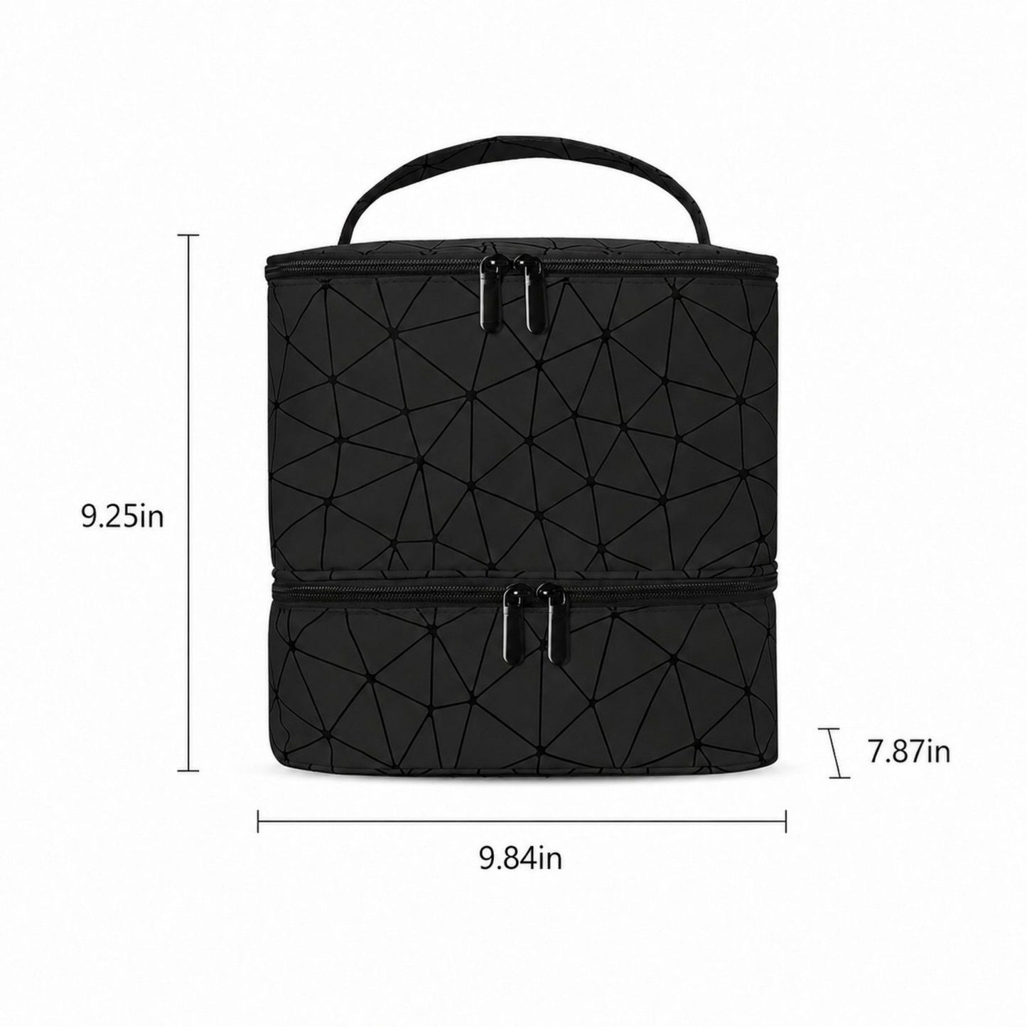 Two-Tier Cosmetic Organizer Bag with Geometric Print Dual Zippers Carry Handle and Interior Pockets