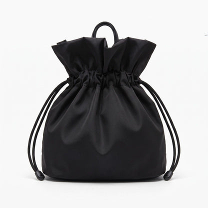 Drawstring Bucket Bag with Double Top Handles and Ruched Opening 11x9x4.5in