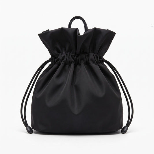 Drawstring Bucket Bag with Double Top Handles and Ruched Opening 11x9x4.5in