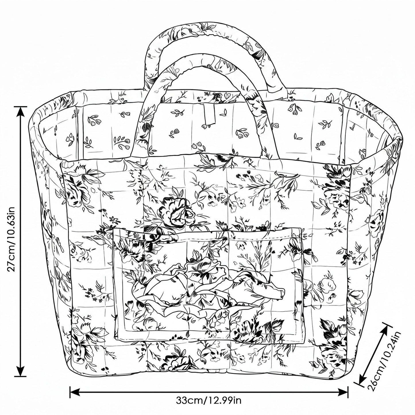 Quilted Floral Storage Basket with Handles and Front Pocket