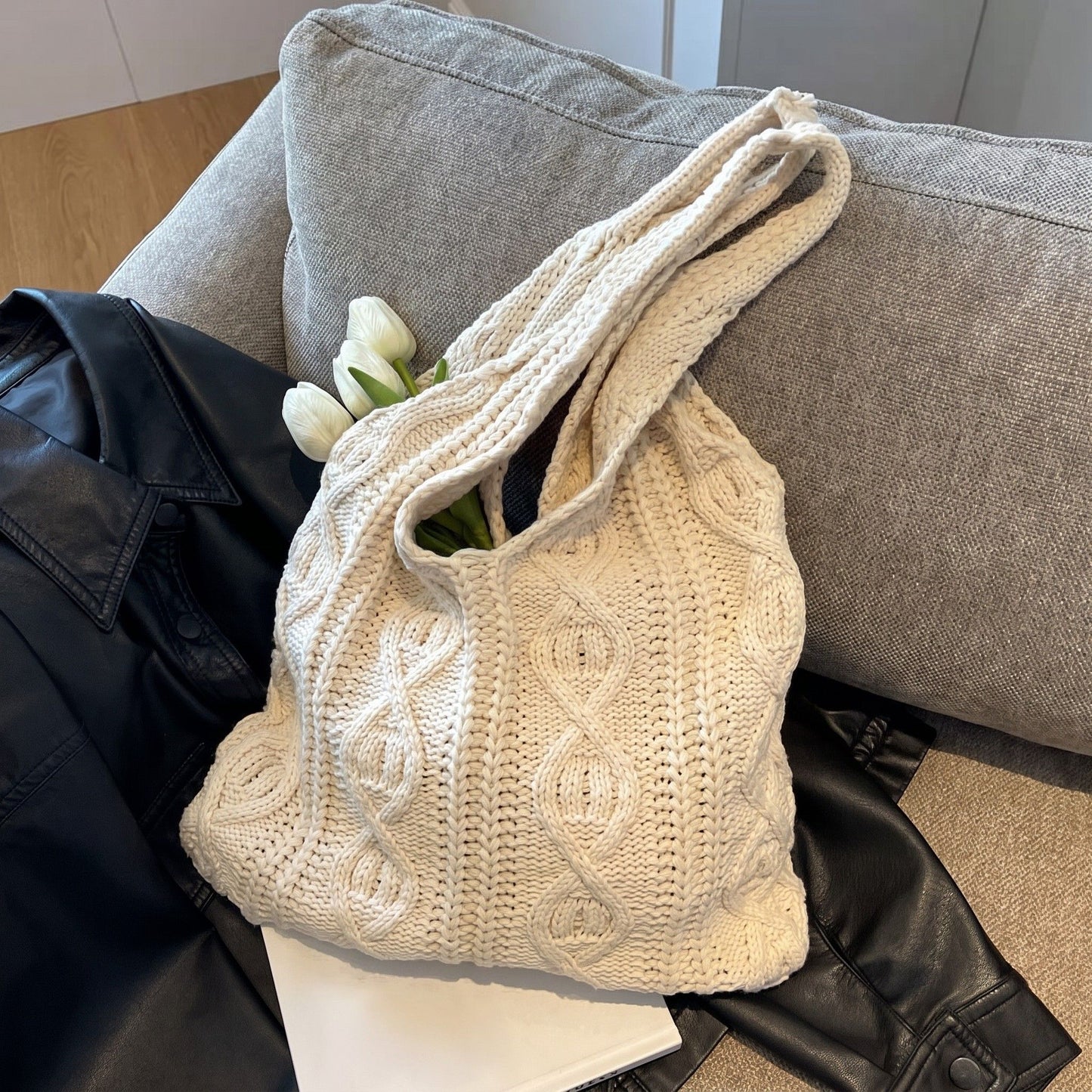 Cable Knit Shoulder Tote Bag Soft Textured Slouchy Lightweight Everyday Carryall