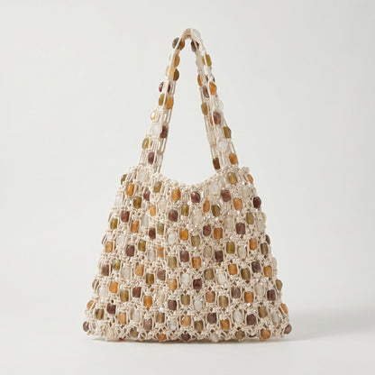 Beaded Shoulder Bag with Open Macrame Design and Double Strap