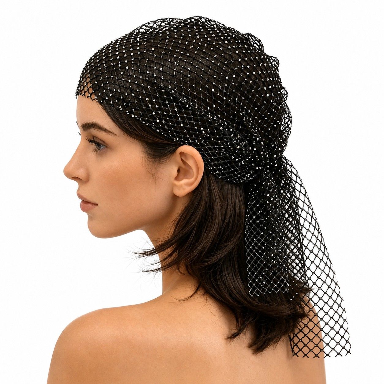 Rhinestone Mesh Head Wrap Sparkle Tie Back Hair Scarf