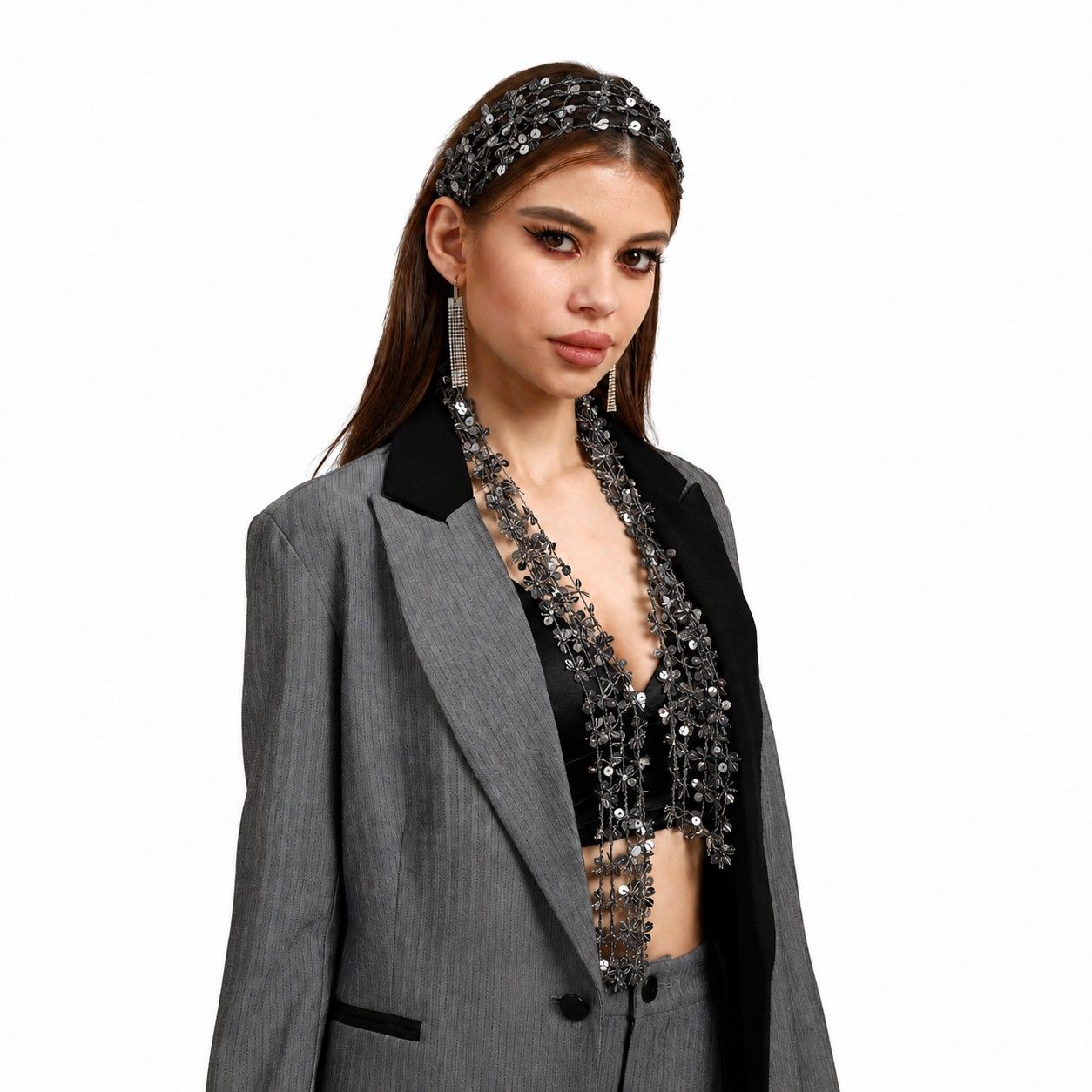 Sequin Floral Skinny Scarf Mesh Neck Wrap
