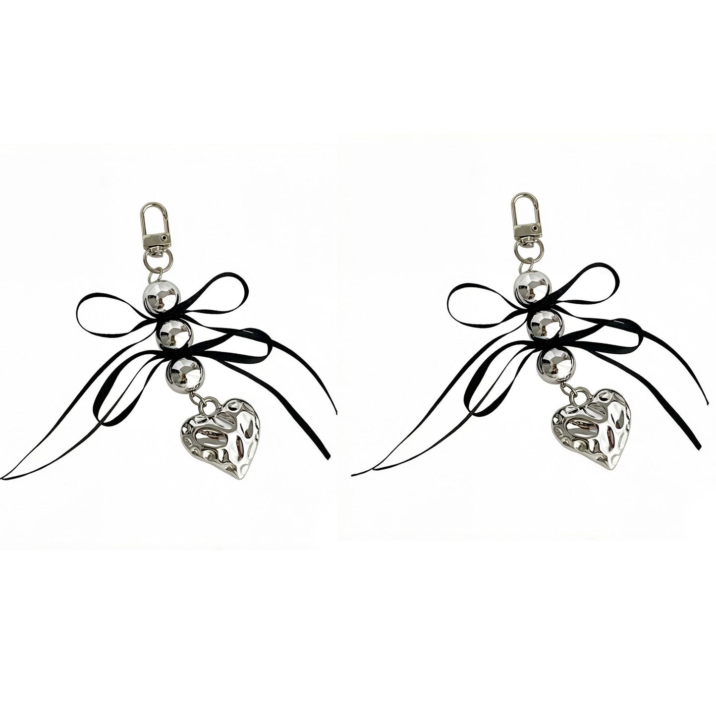 2 Pack Heart Charm Keychain with Bow Accent Bead Detail Clip and Key Ring Bag Accessory