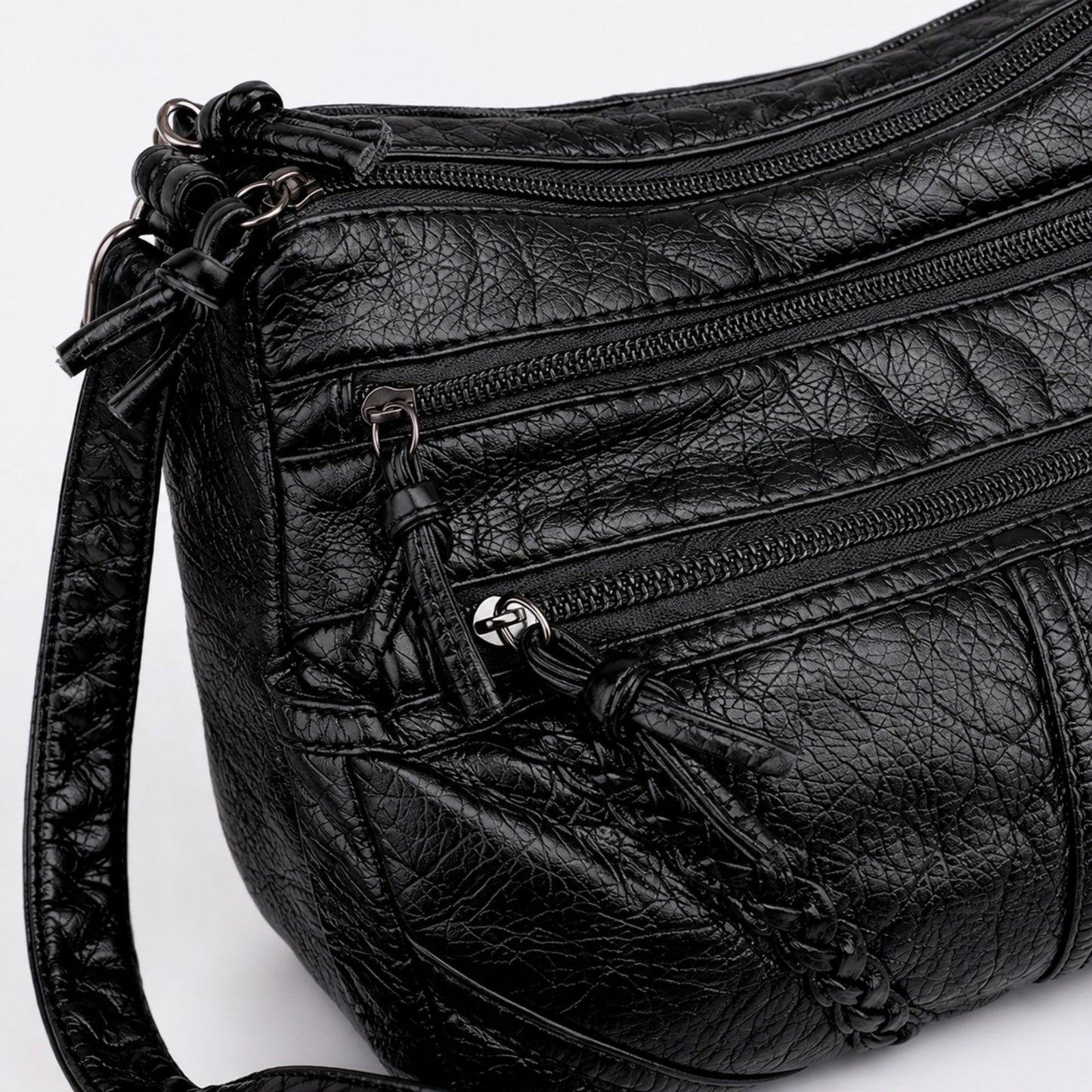 Multi-Pocket Crossbody Bag with Adjustable Strap and Braided Trim