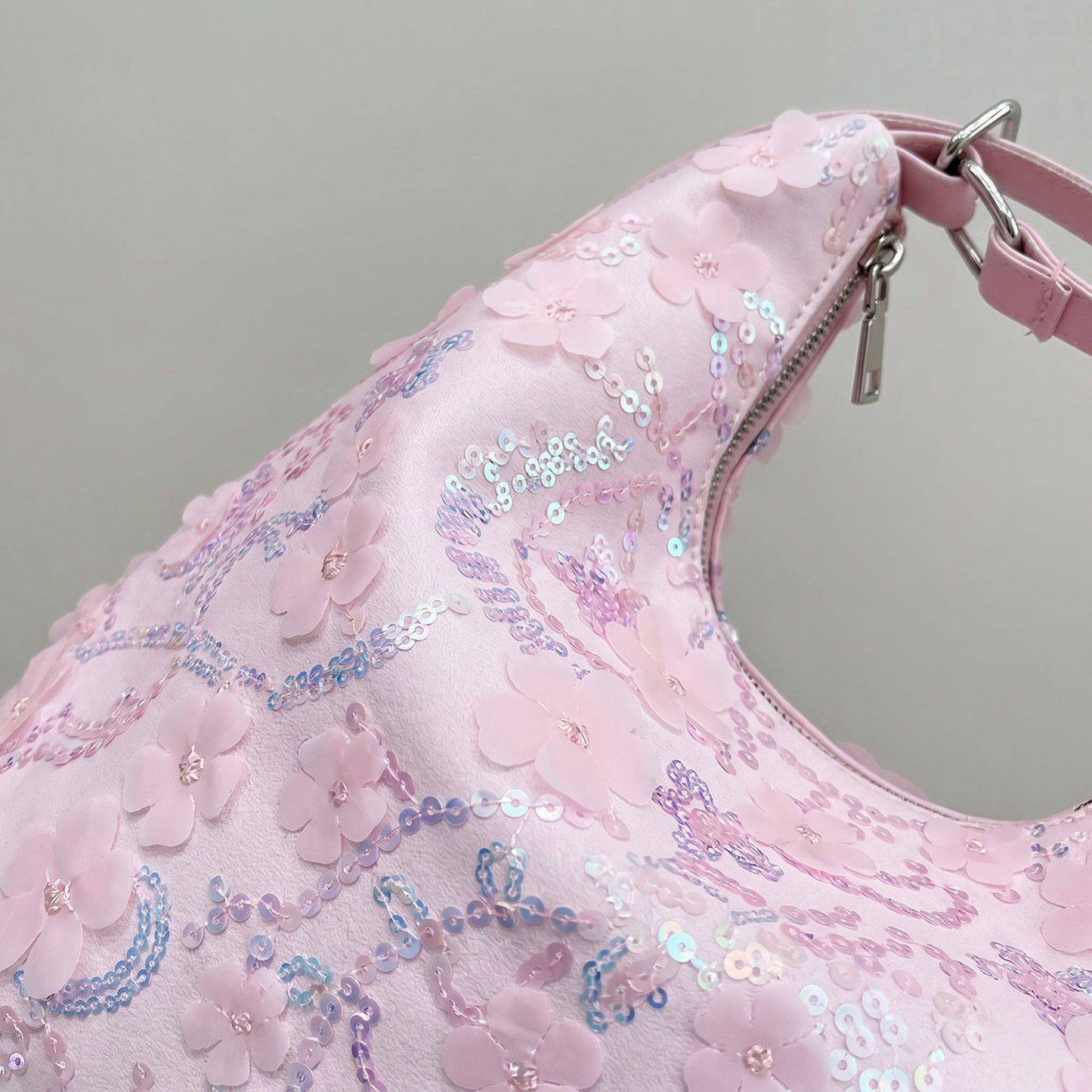 Floral Sequin Hobo Shoulder Bag with 3D Applique Details and Adjustable Strap