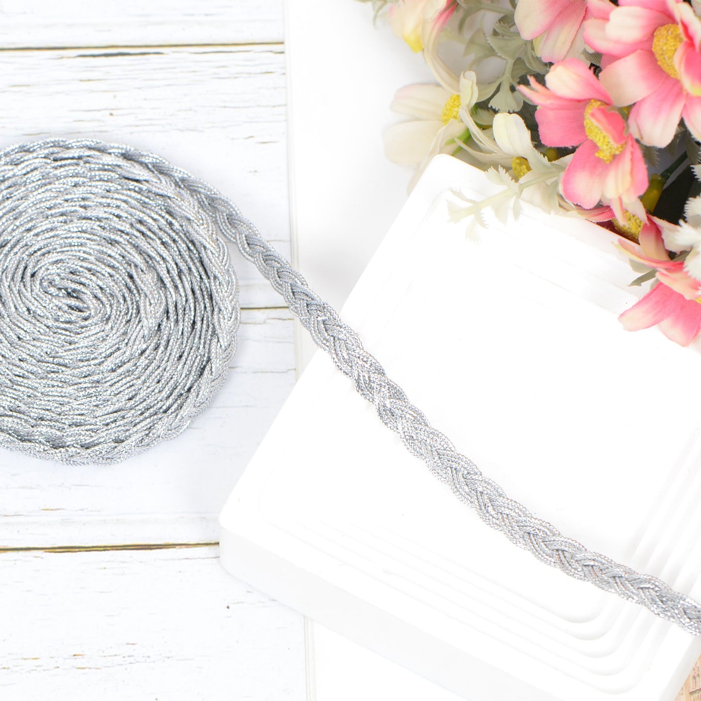 Gimp Braid Trim, 3 Yards 0.3 inch Metallic Woven Trim, Sewing DIY Craft Braid Ribbon for Hat Headband Costume Garment Decor Accessory