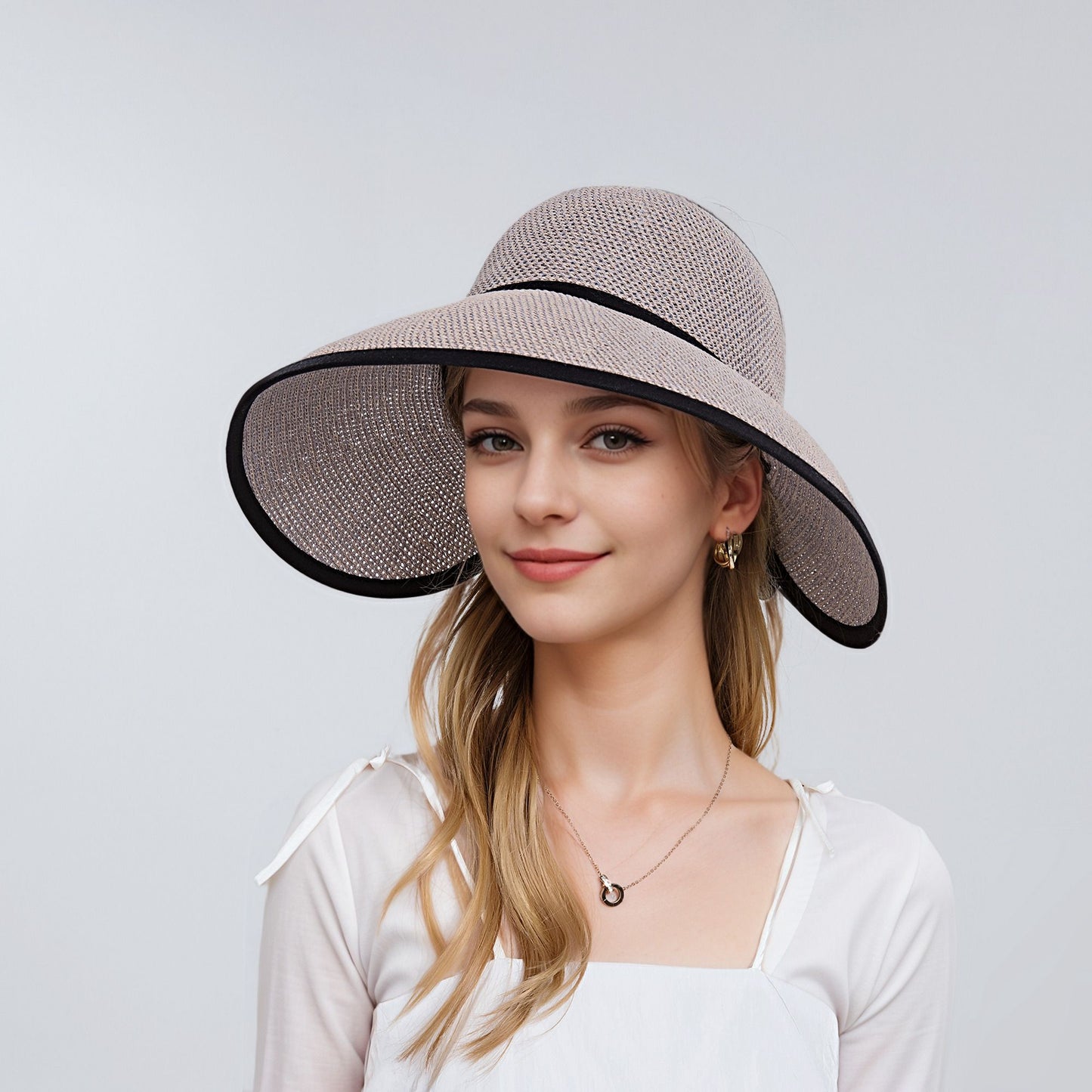 Womens Roll Up Straw Sun Visor Wide Brim Bow Detail Adjustable UV Protection Packable Summer Hat