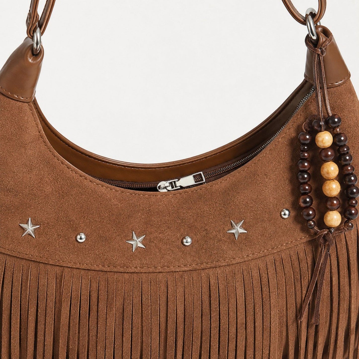 Suede-Like Fringe Hobo Shoulder Bag with Studded Star and Beaded Charm Details
