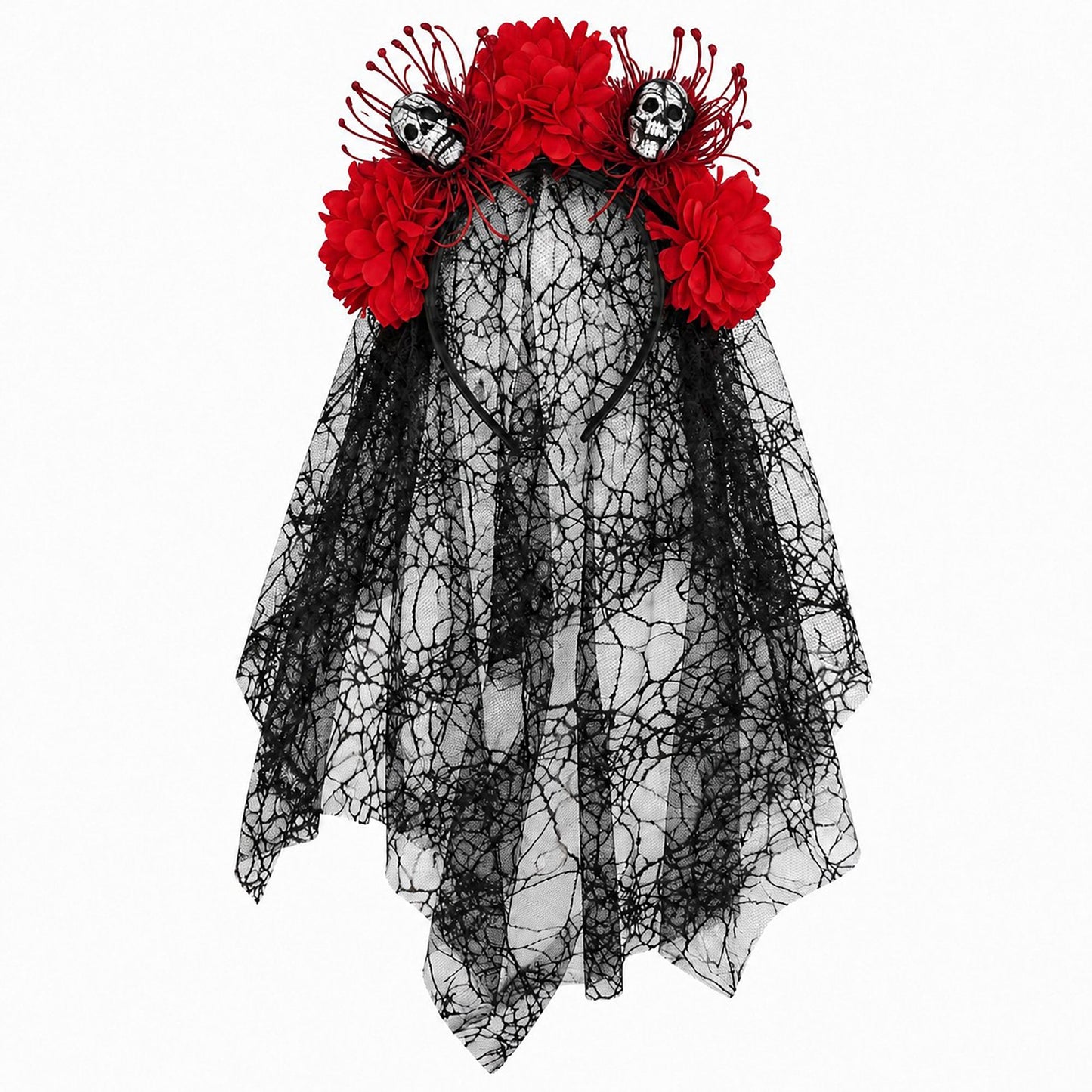 Halloween Floral Skull Headband with Spiderweb Lace Veil