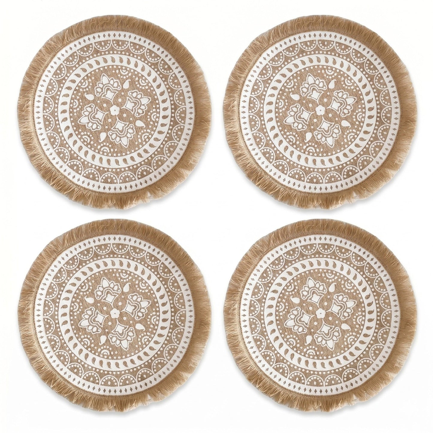 4 Piece Boho Round Placemat Set Woven Look Heat Resistant Table Mats for Dining Table