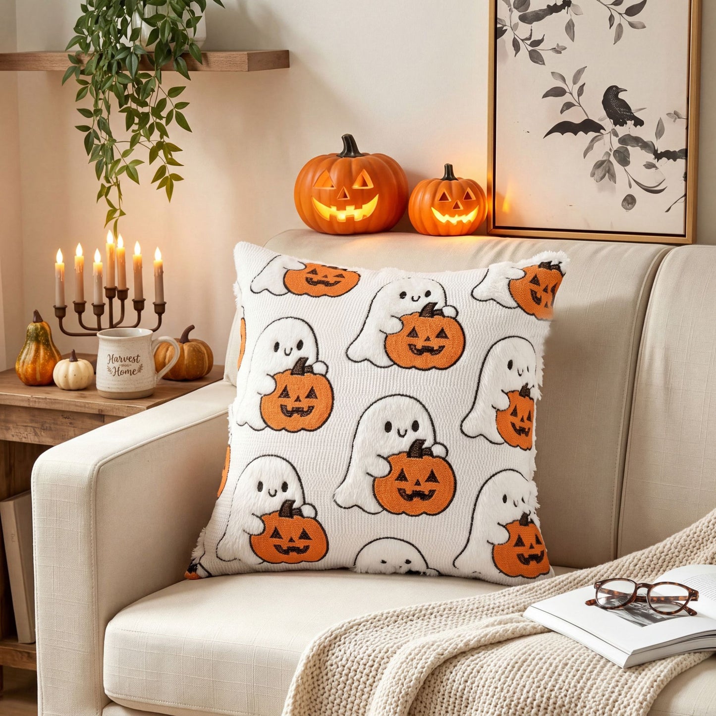 Halloween Ghost Pumpkin Textured Decorative Throw Pillow Cover Square Cushion for Sofa Bed Chair