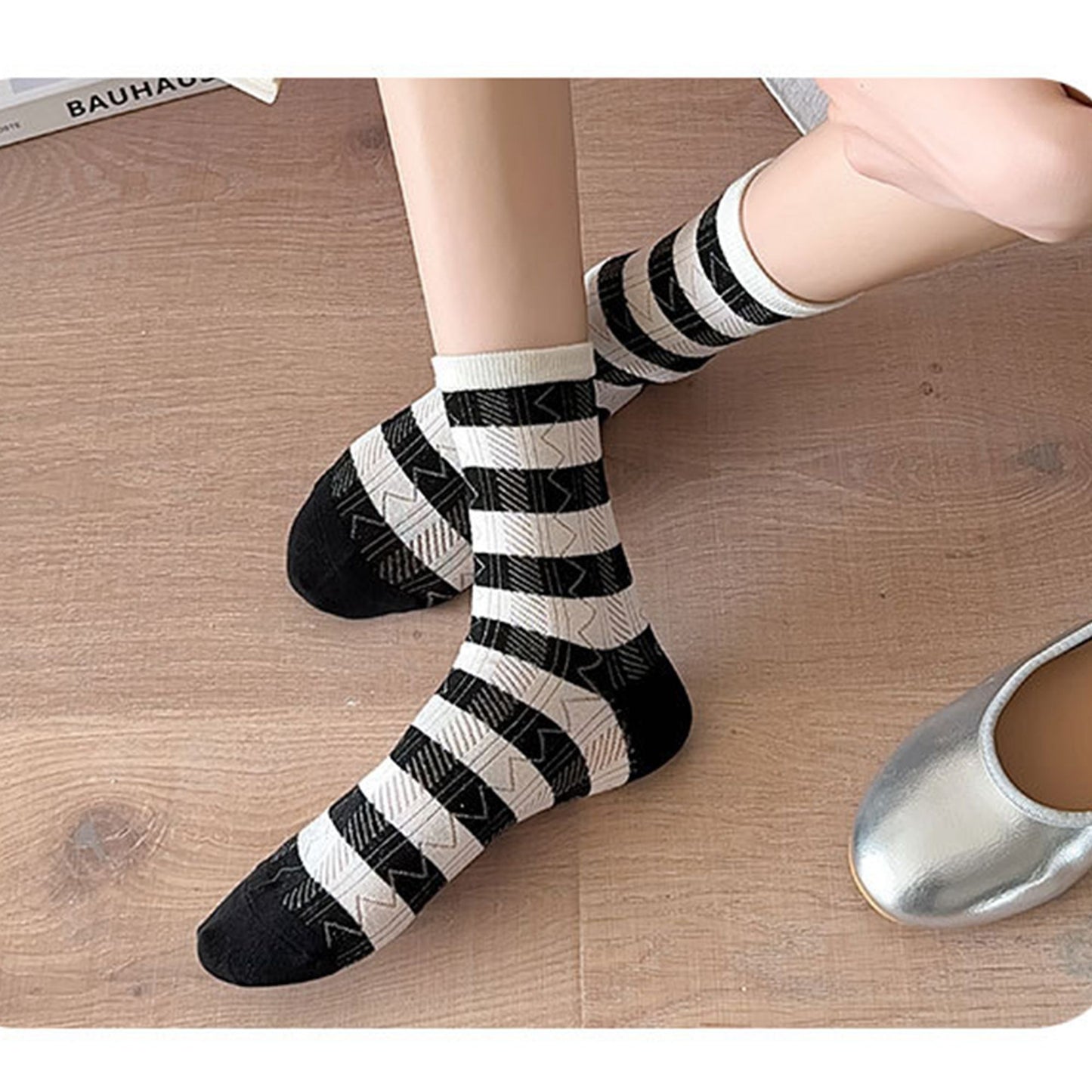 4 Pairs Crew Socks with Black and White Patterns Soft Cotton Texture Heart and Stripe for Flats and Dress Shoes