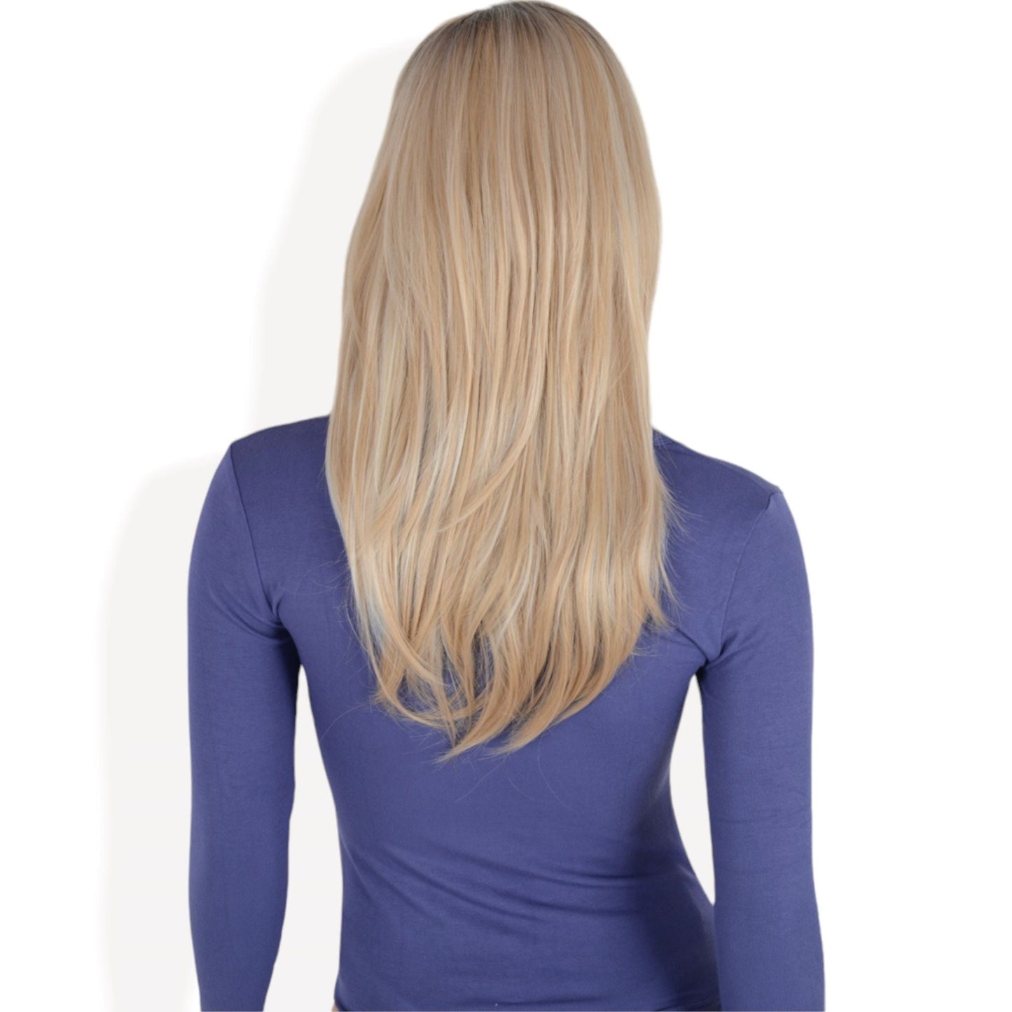 Long Blonde Wig with Curtain Bangs and Dark Roots  Heat Resistant Synthetic Layered Wig for Women