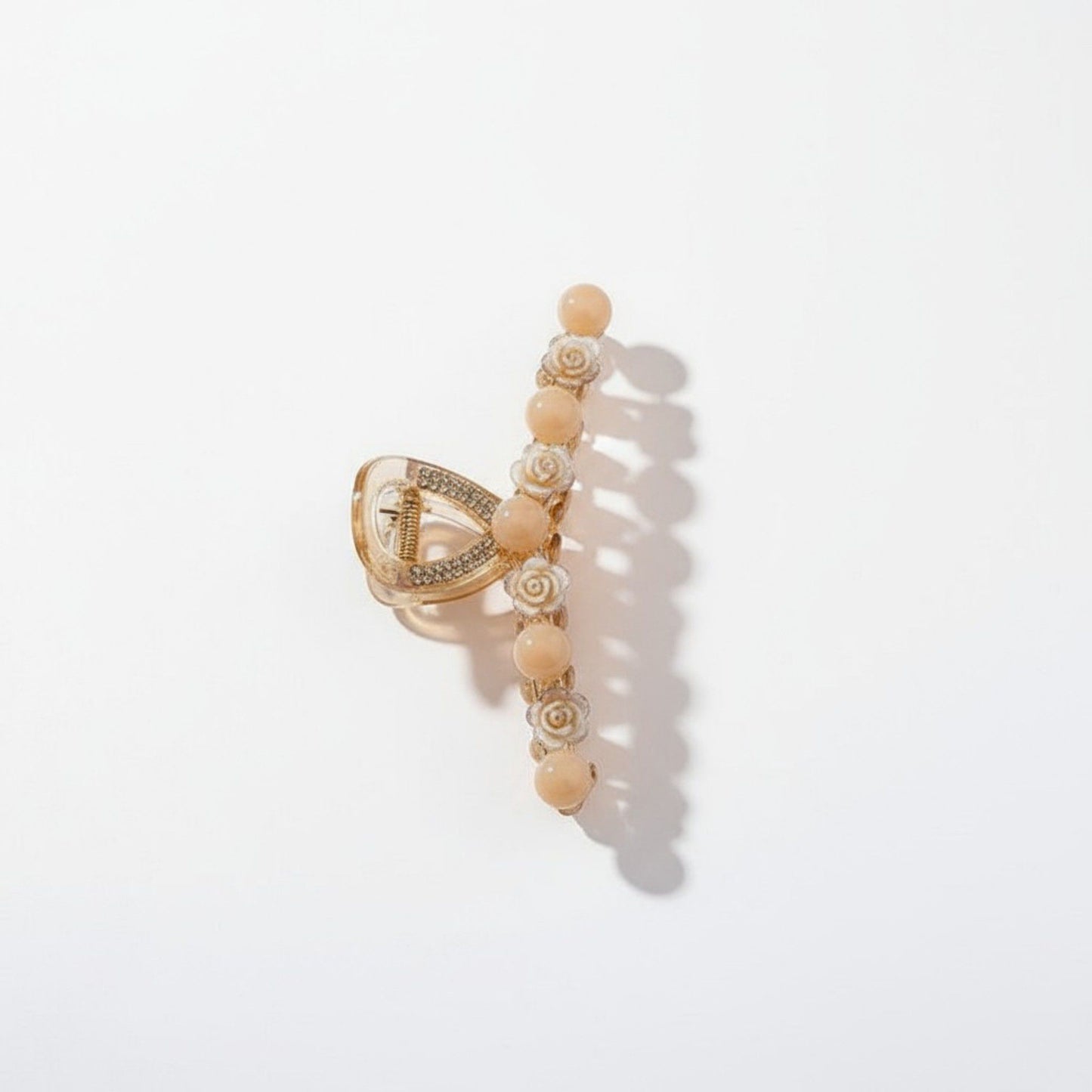 Beaded Flower Metal Hair Claw Clip with Curved Design and Textured Accents