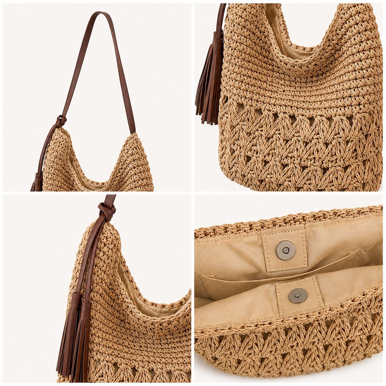 Woven Hobo Shoulder Bag with Magnetic Closure and Slouchy Straw Style Texture