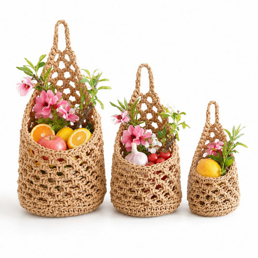 Woven Hanging Basket Set for Fruit Produce and Wall Storage