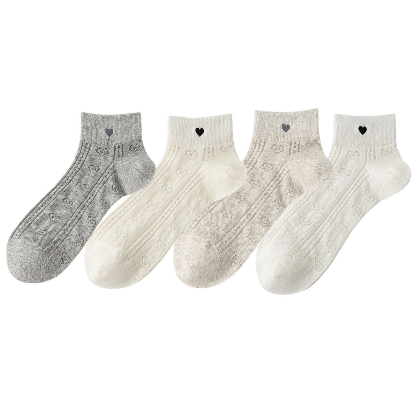 4 Pairs Heart Pattern Breathable Short Crew Socks Soft Stretch Knit Design Multiple Color Options