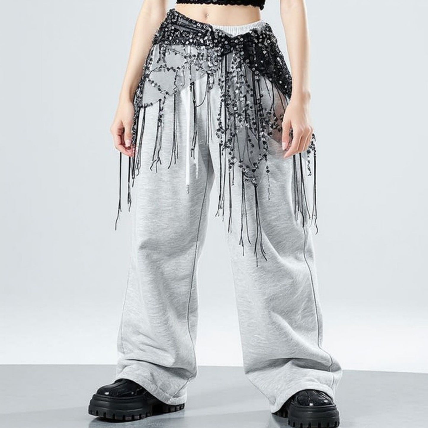 Sheer Mesh Sequin Fringe Hip Scarf Belt Wrap with Asymmetrical Hem 59in