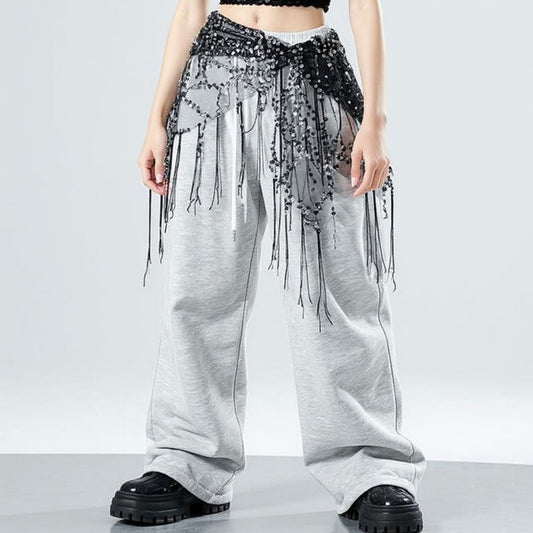 Sheer Mesh Sequin Fringe Hip Scarf Belt Wrap with Asymmetrical Hem 59in