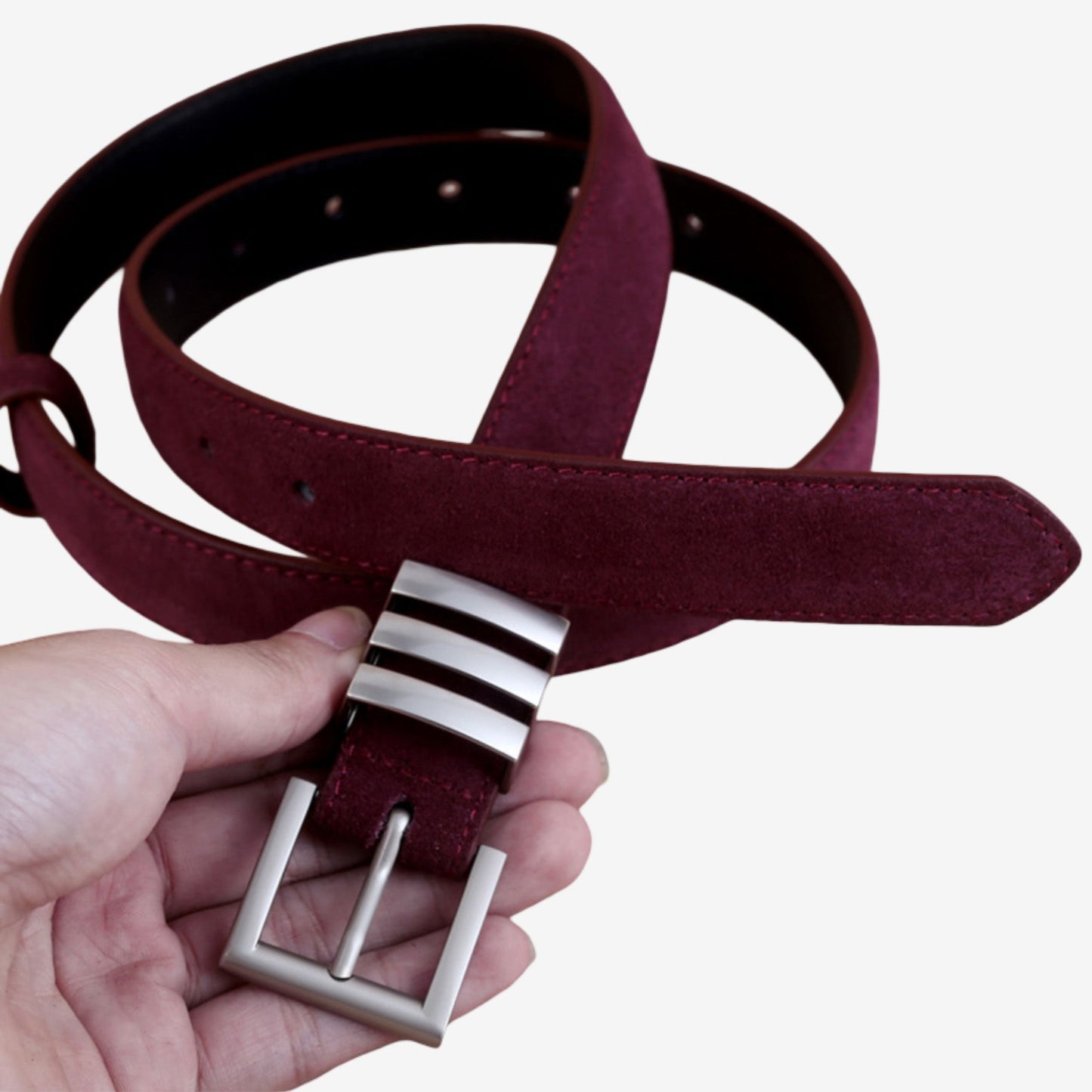 Suede Leather Belt with Silver Tone Bar Accents and Square Buckle 39.4in