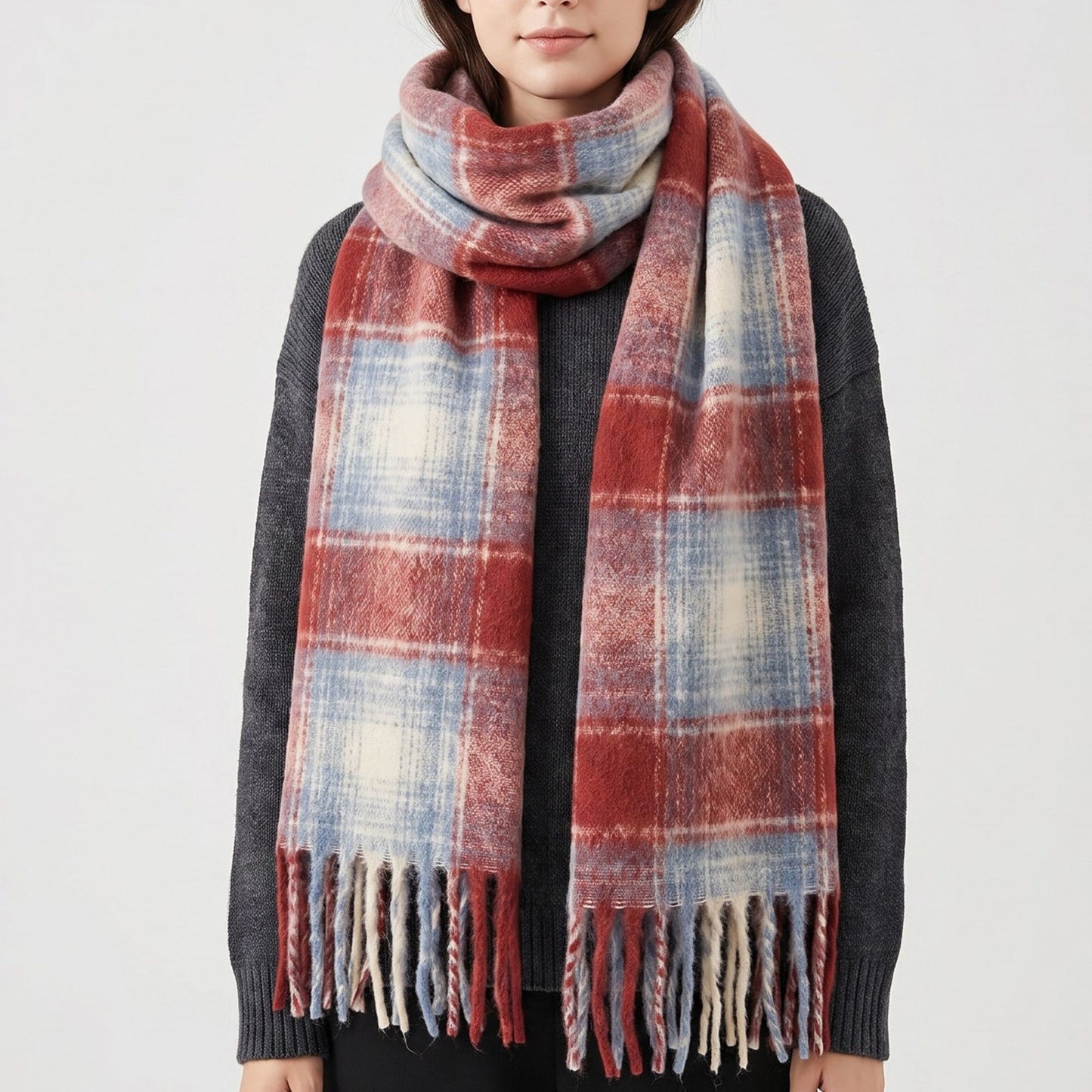 Oversized Plaid Scarf with Fringe Soft Brushed Winter Wrap