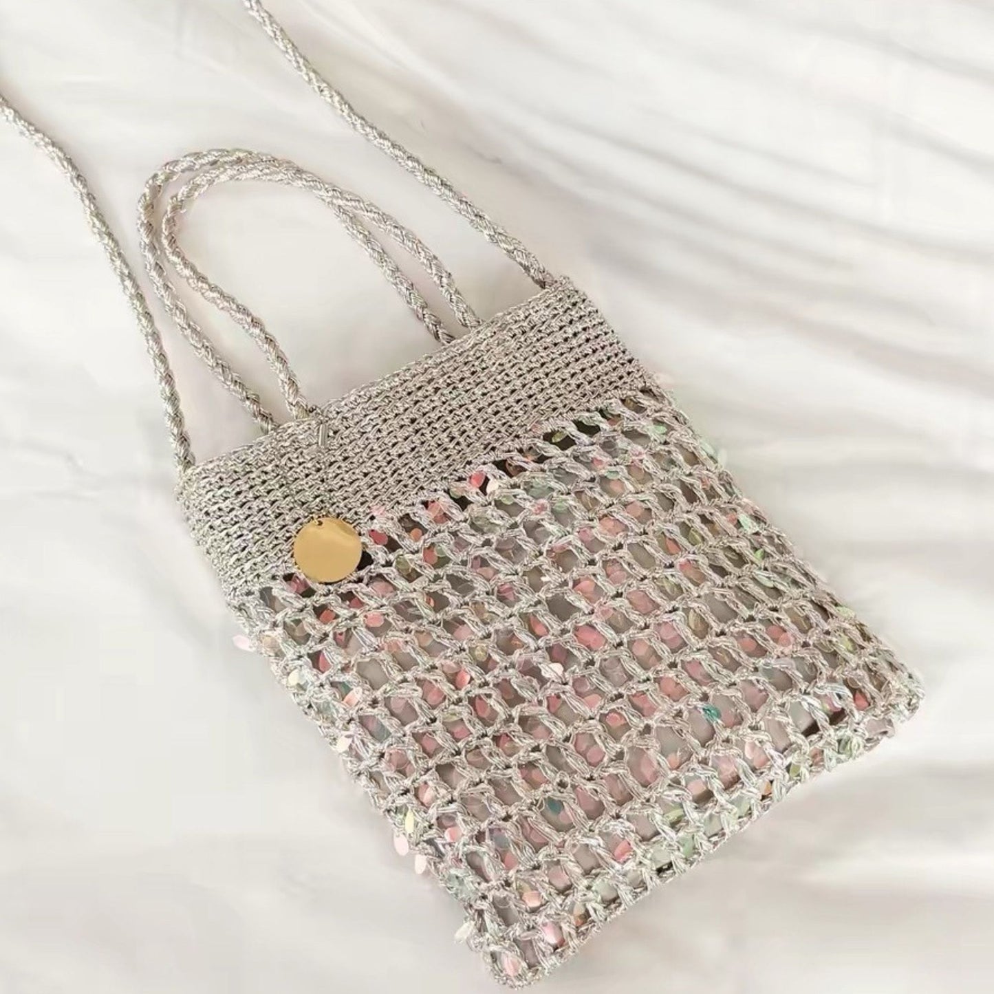 Hand-Crocheted Sequin Crossbody Bag Small Square Shoulder Bag for Phone and Essentials