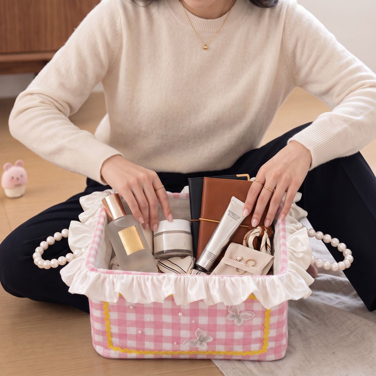 Gingham Fabric Storage Basket with Ruffle Trim and Handles