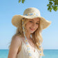 Braided Straw Sun Hat with Floral Applique Trim and Fringe Brim Design