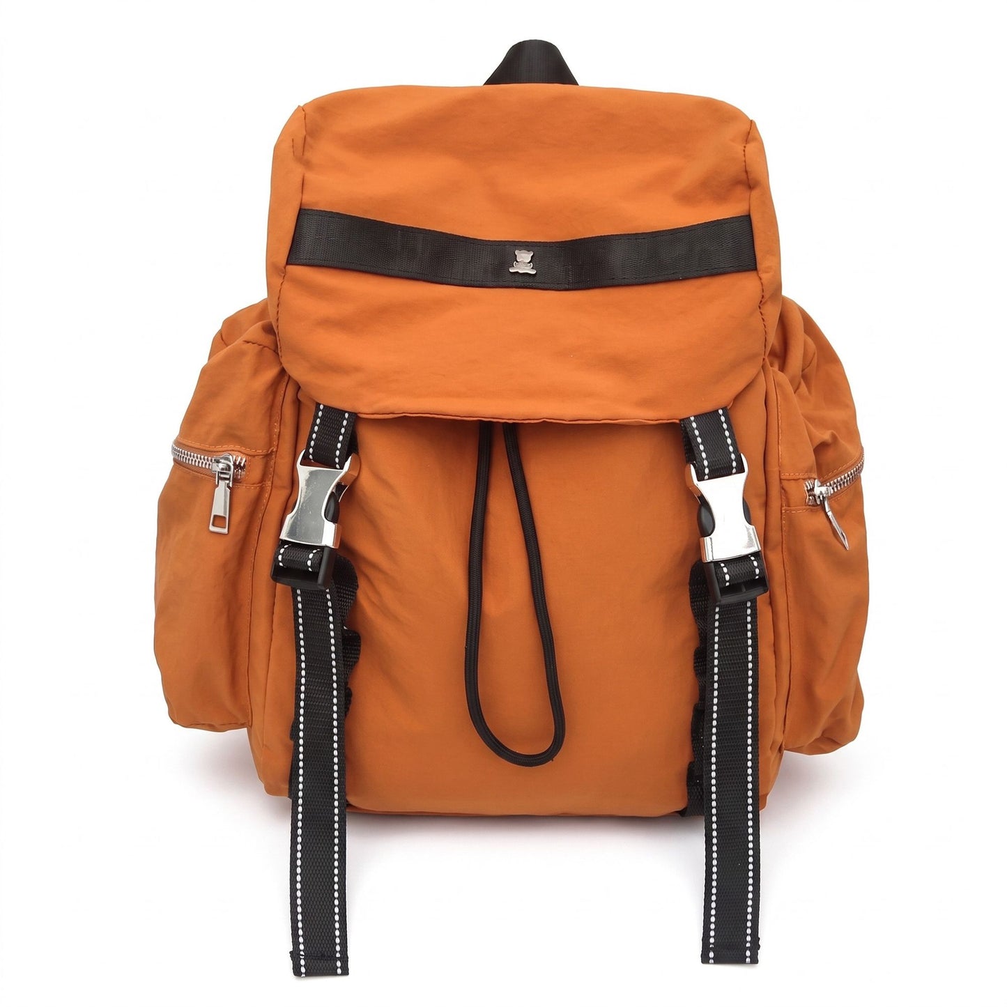 Flap Drawstring Backpack with Dual Buckle Straps and Zippered Side Pockets
