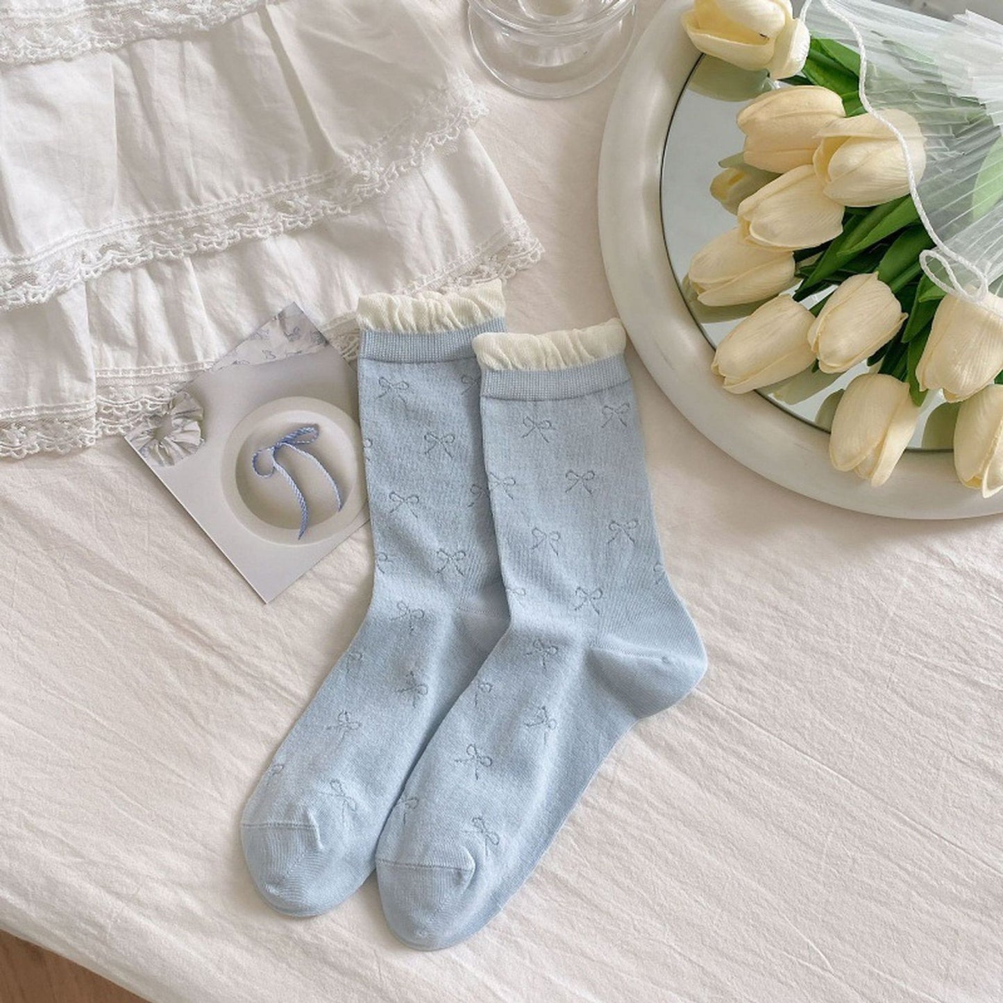 Bow-Patterned Ruffle-Cuff Ankle Socks 6pk