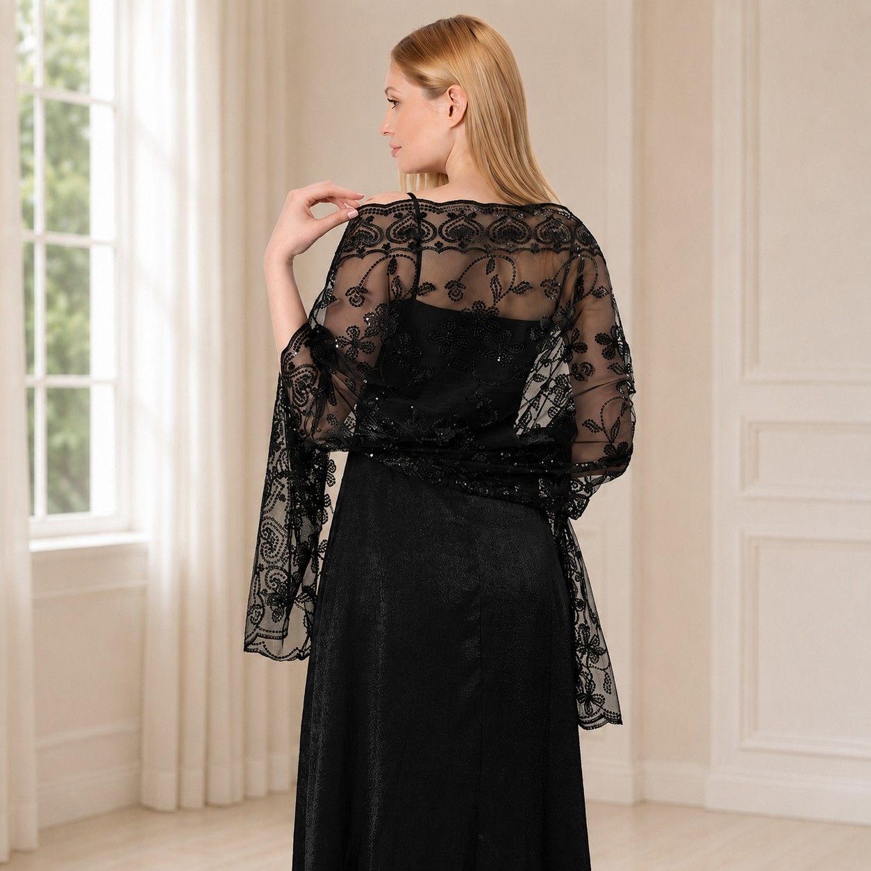 Embroidered Sequin Mesh Shawl Wrap Sheer Floral Scarf Scalloped Edge