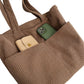Corduroy Tote Bag Large Capacity Shoulder Bag with Front Pocket and Zipper Closure