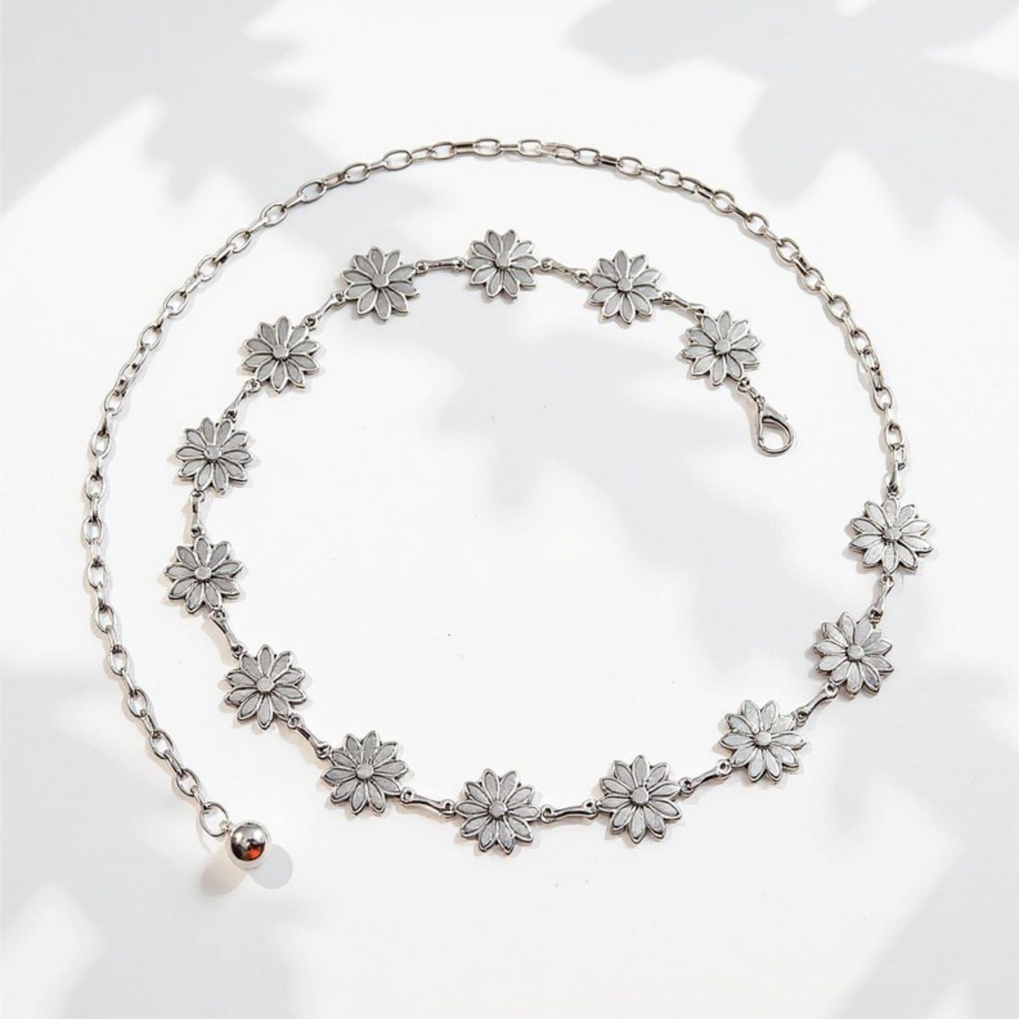 Floral Metal Chain Belt with Adjustable Link and Drop Detail 45.5in