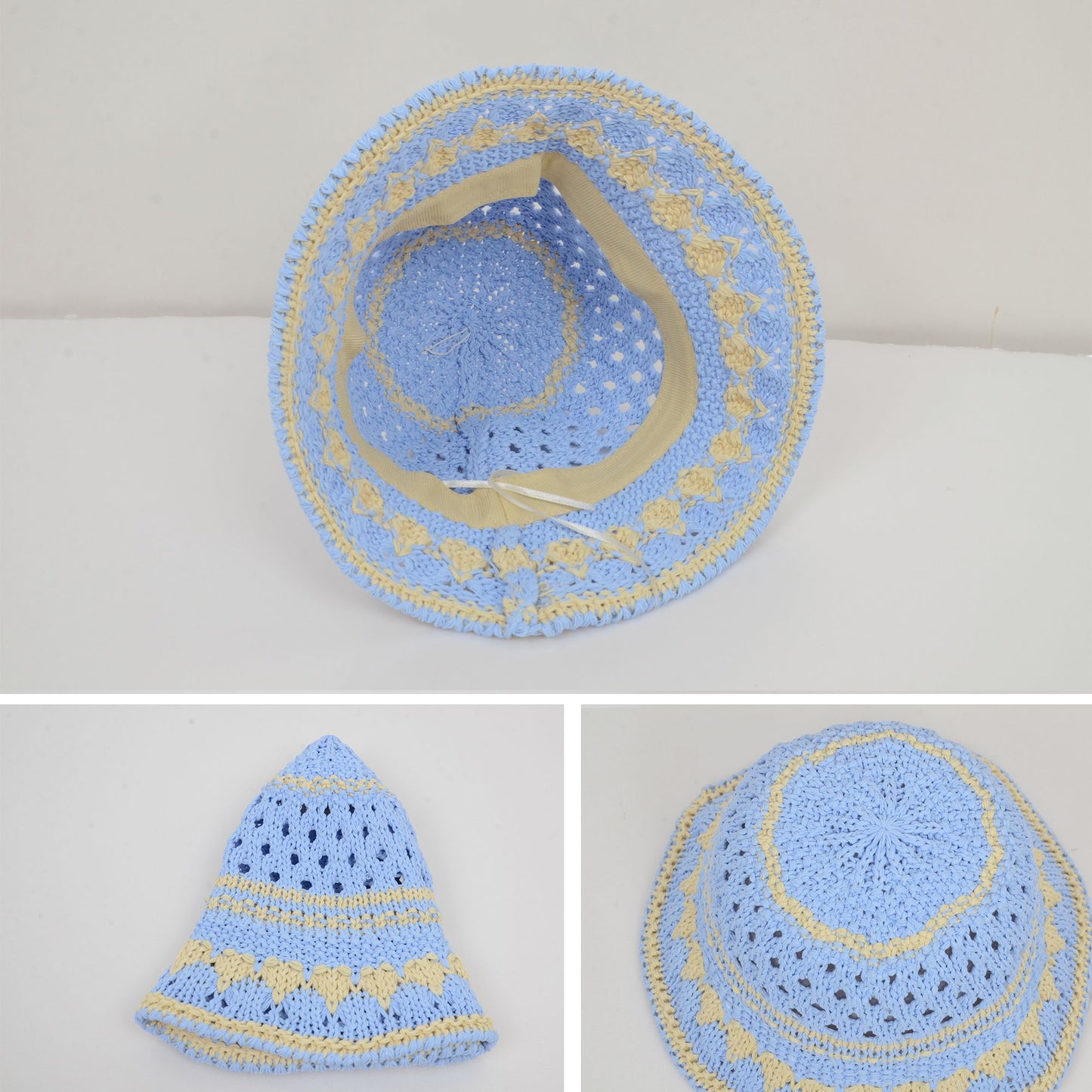 Crochet Knit Bucket Hat with Openwork Floral Pattern and Rolled Brim for Lightweight Summer Style