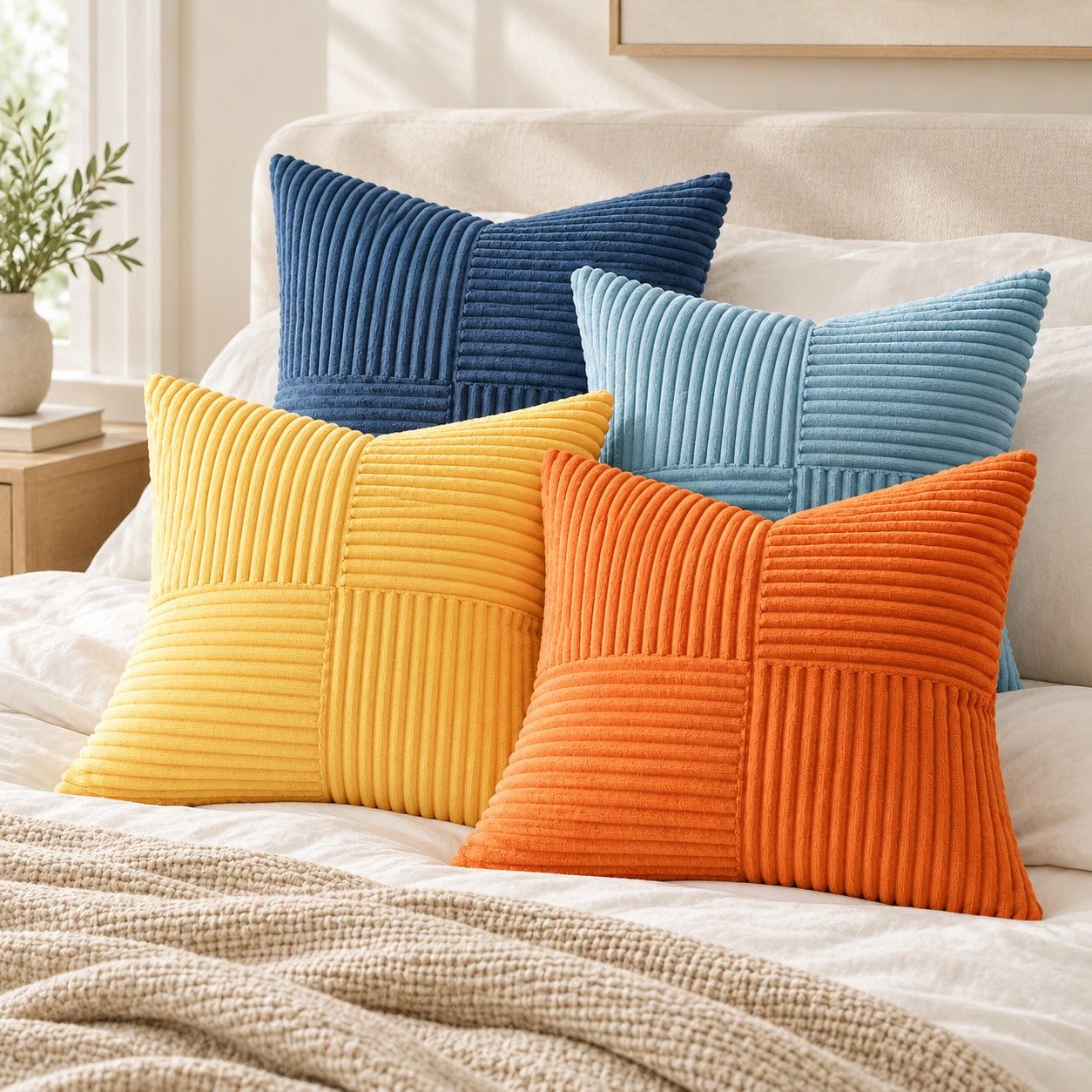 4 Pack Patchwork Corduroy Throw Pillow Covers 18 x 18 Inch for Sofa and Bed