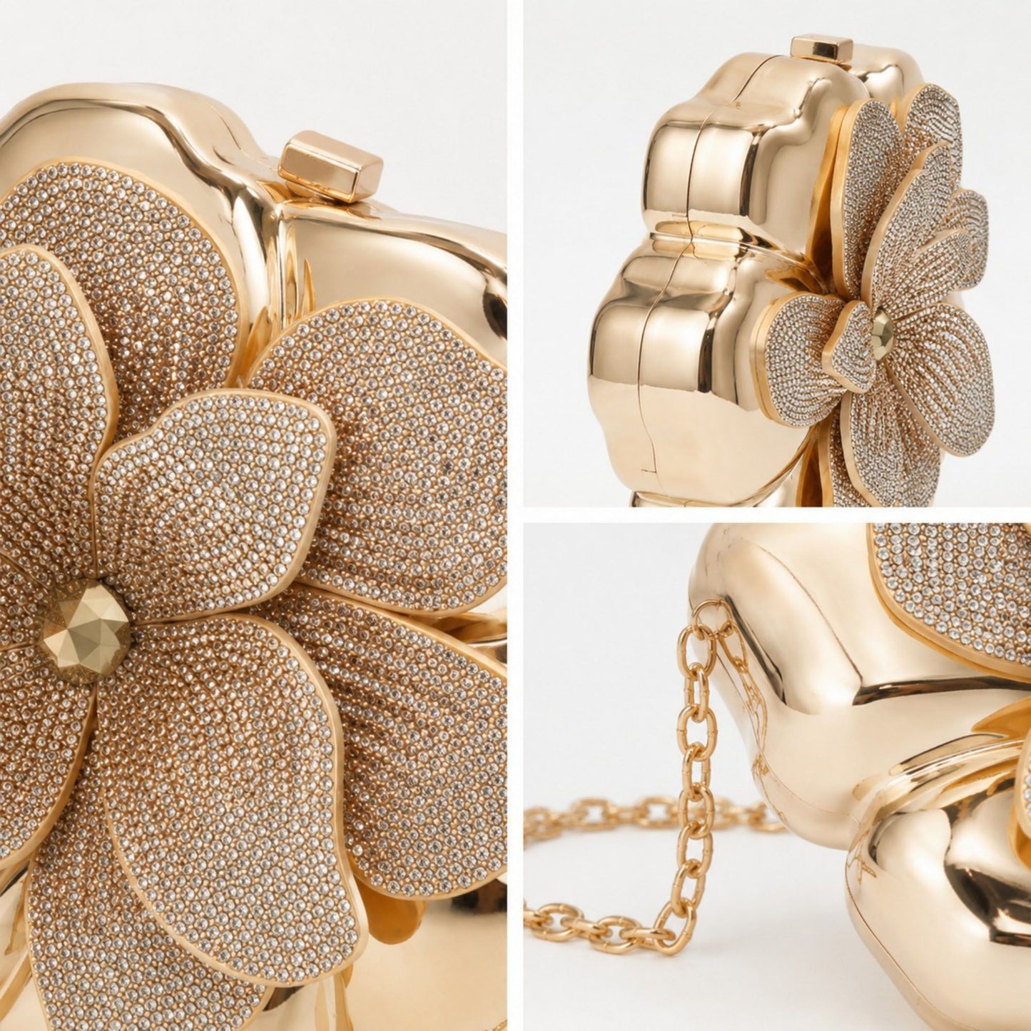 Flower Clutch Bag Metallic Look Evening Handbag with Chain Strap and Beaded Floral Accent