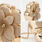 Flower Clutch Bag Metallic Look Evening Handbag with Chain Strap and Beaded Floral Accent