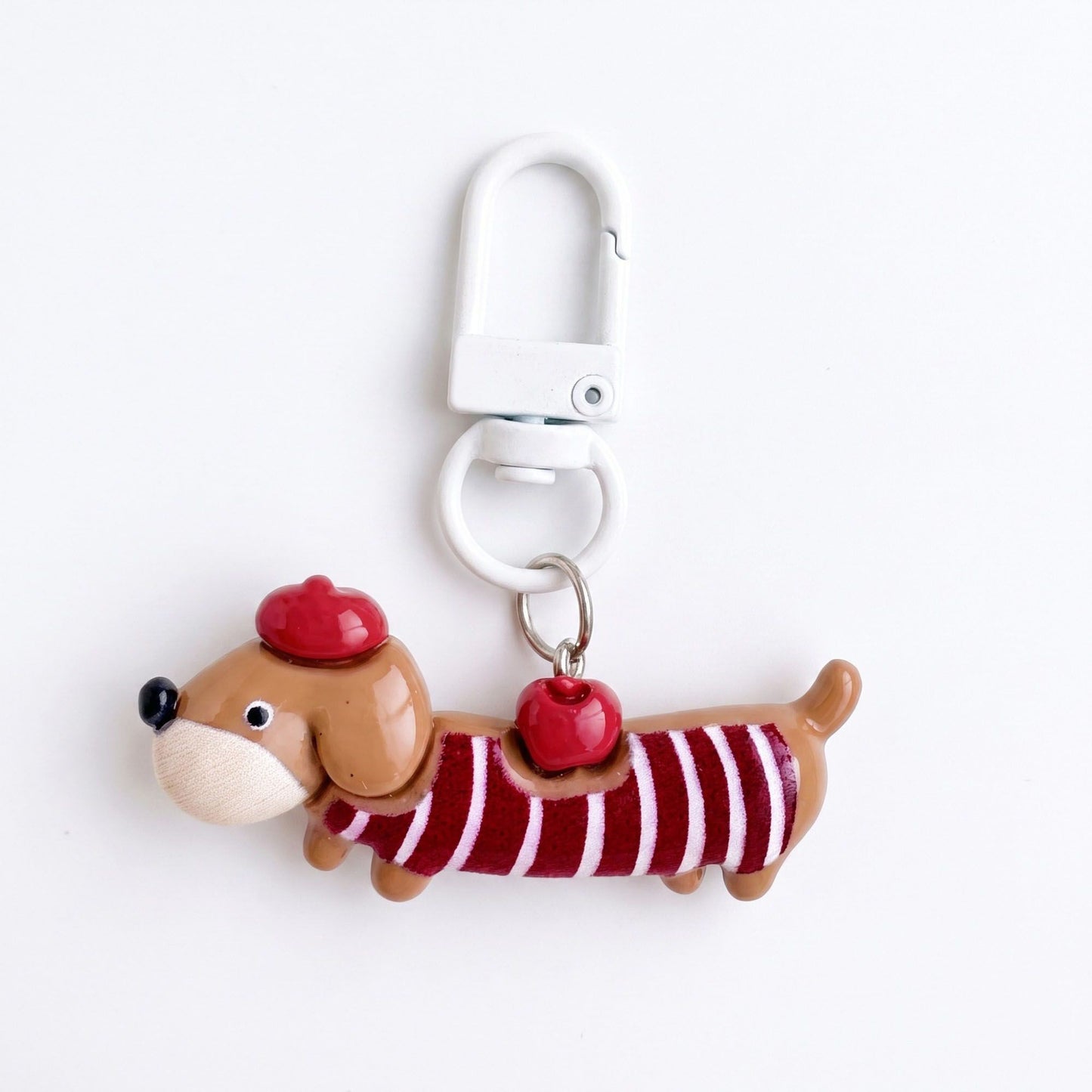 2-Piece Dachshund Dog Keychain Bag Charm Striped Sweater Apple Accent Clip Key Ring