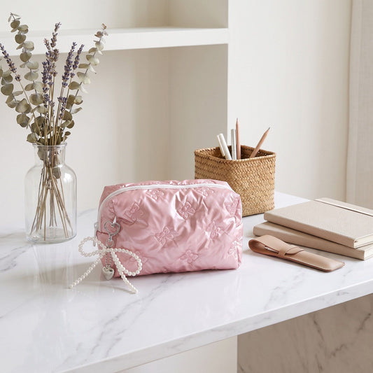 Womens Quilted Bow Makeup Bag with Pearl Charm Cosmetic Pouch