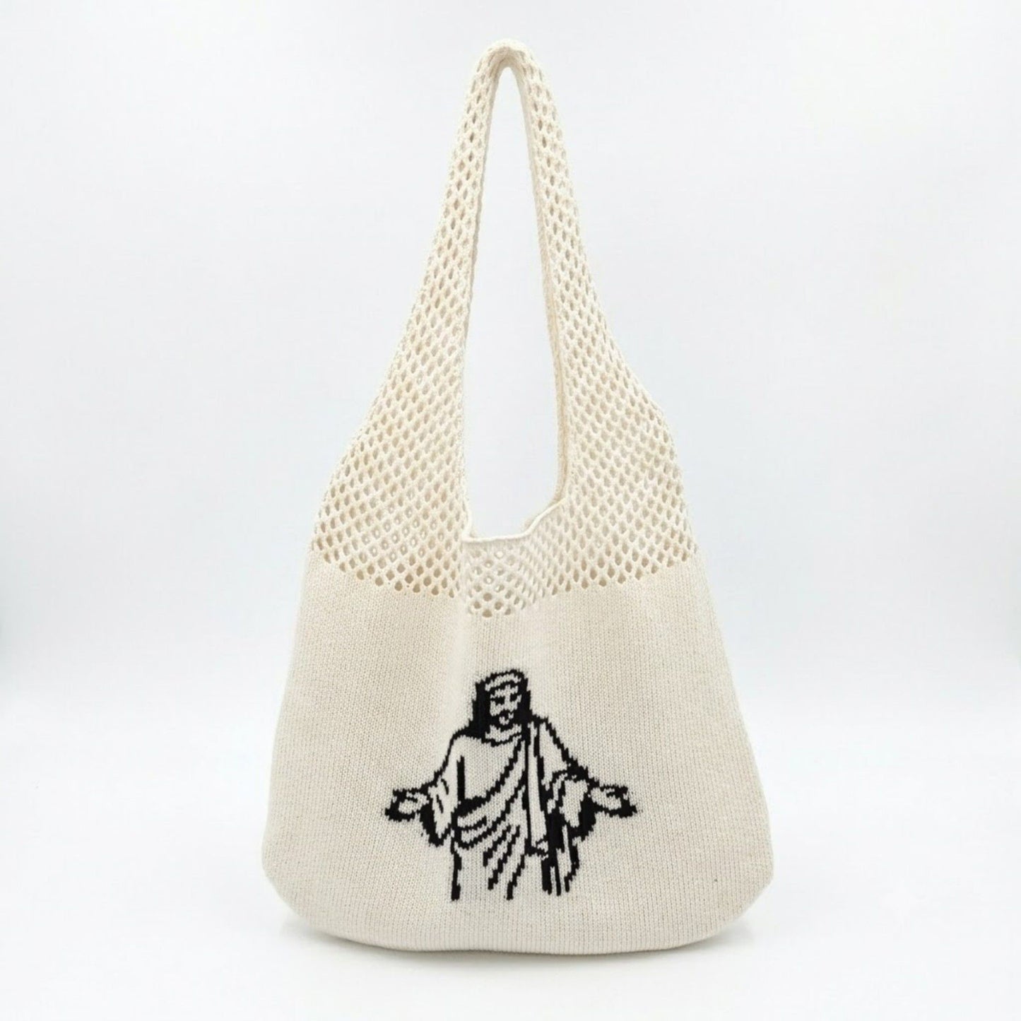 Knit Shoulder Bag with Open Mesh Detail Soft Slouchy Tote and Graphic Front Design for Casual Carry