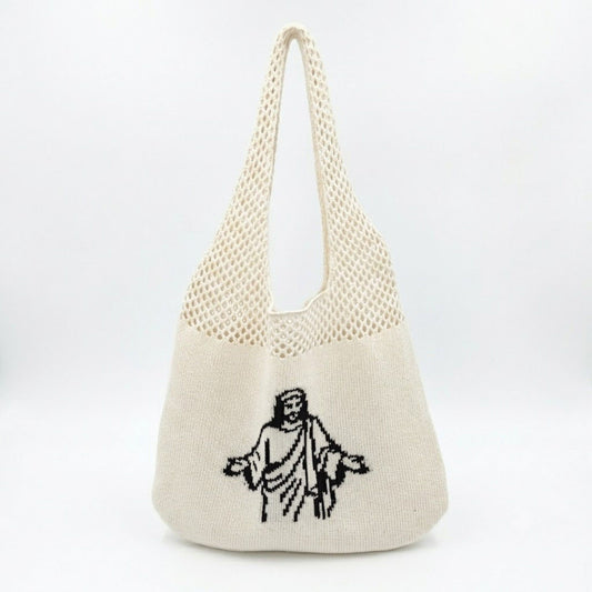 Knit Shoulder Bag with Open Mesh Detail Soft Slouchy Tote and Graphic Front Design for Casual Carry