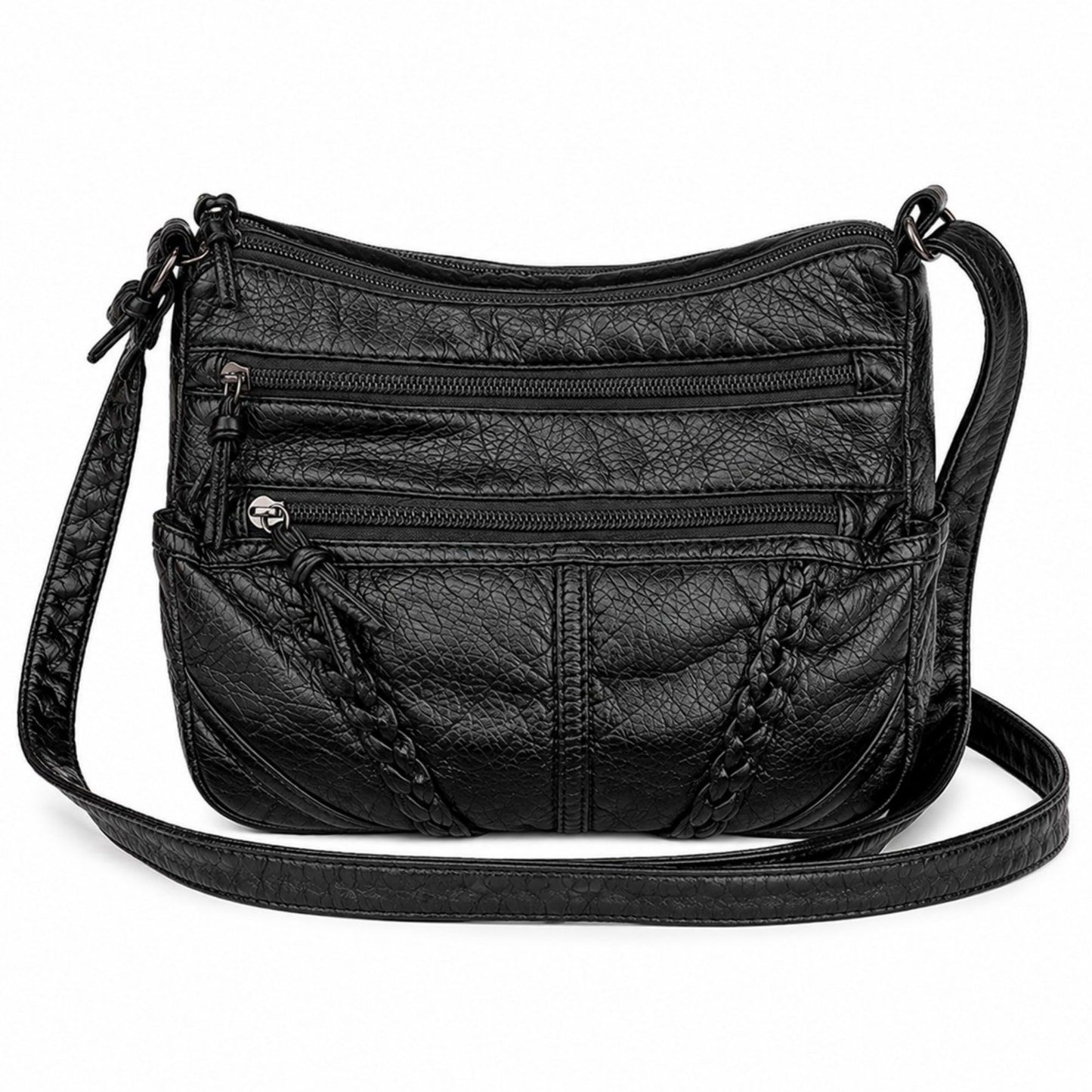 Multi-Pocket Crossbody Bag with Adjustable Strap and Braided Trim