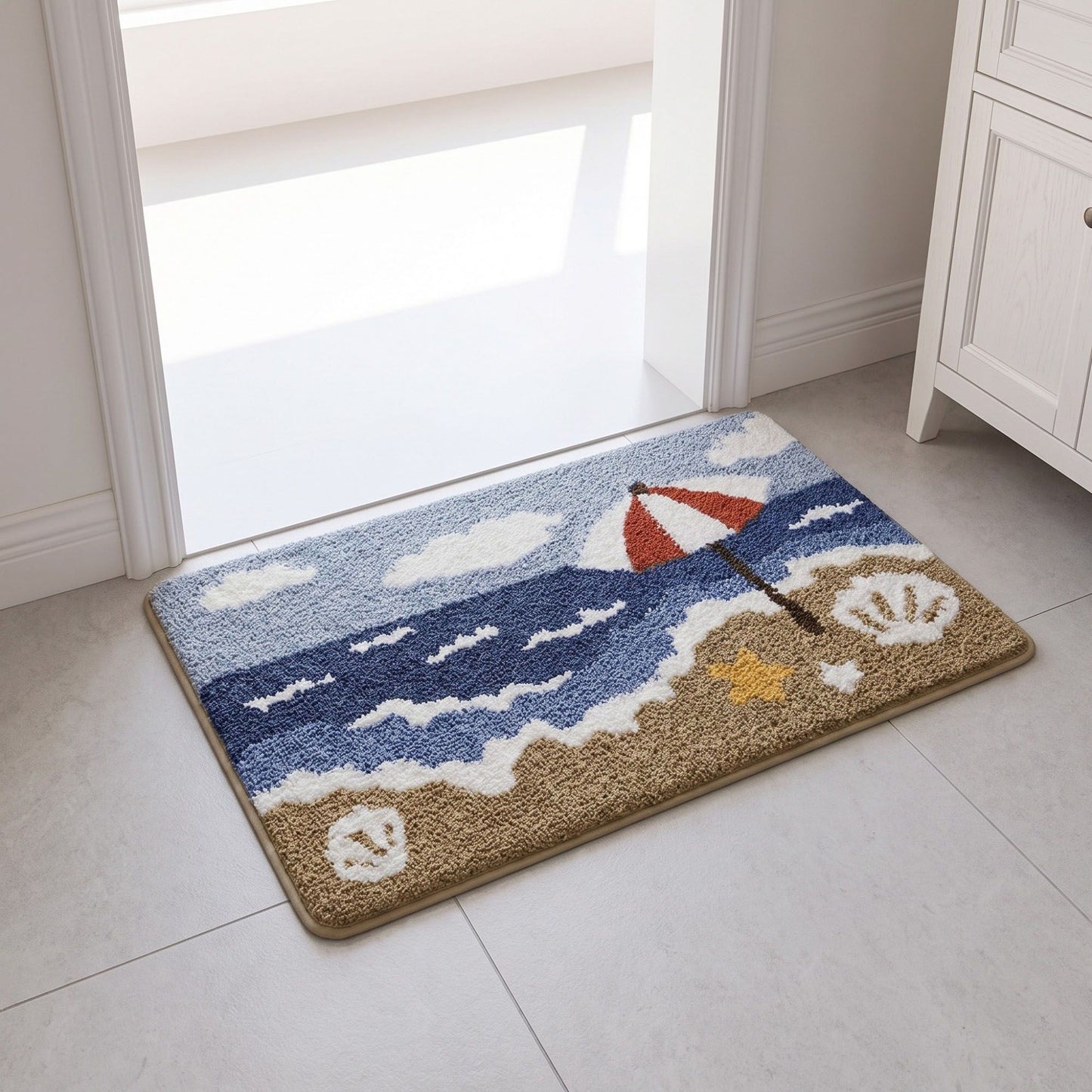 Coastal Beach Scene Plush Bathroom Mat with Umbrella and Ocean Wave Design