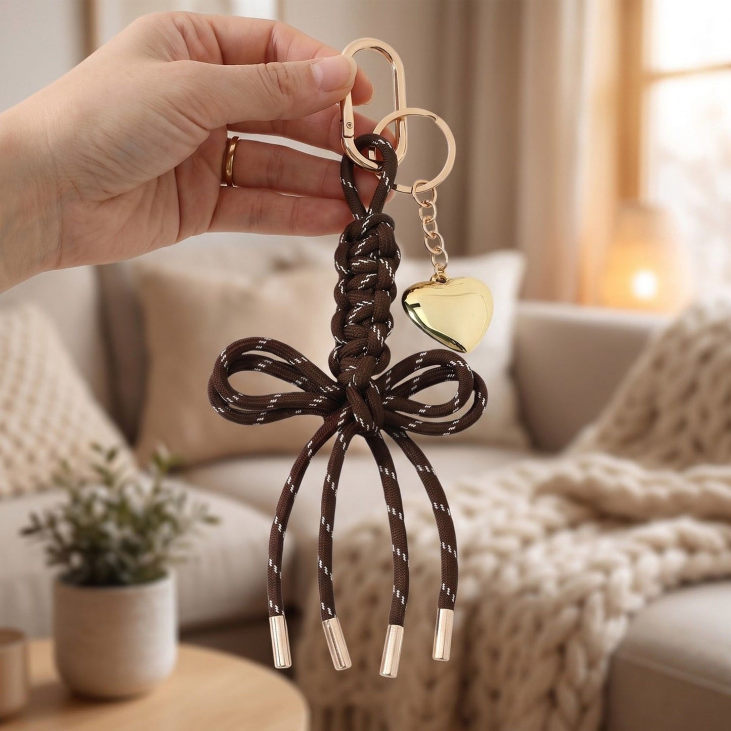 Macrame Bow Keychain with Heart Charm