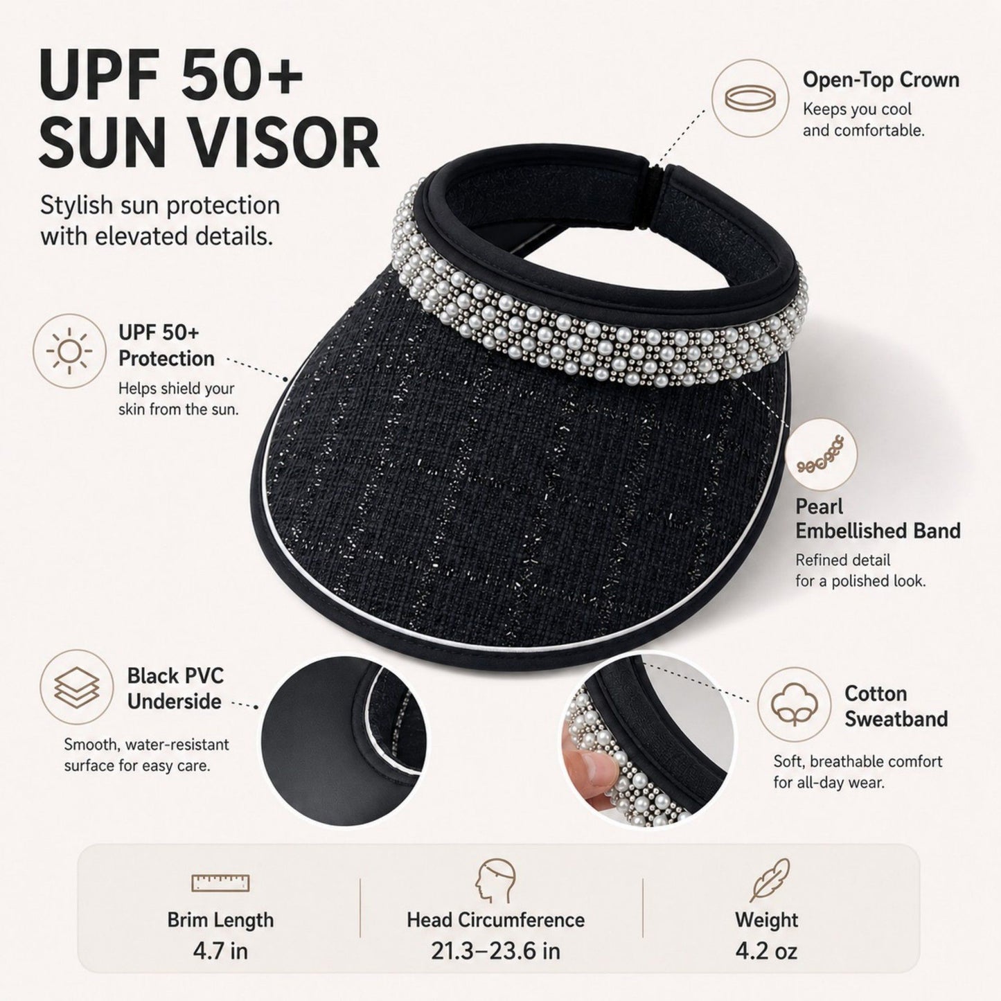 Wide Brim Visor Hat with Faux Pearl Embellished Band and Open Top Design