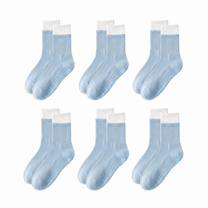 6 Pair Non-Slip Crew Socks with Contrast Ribbed Cuffs