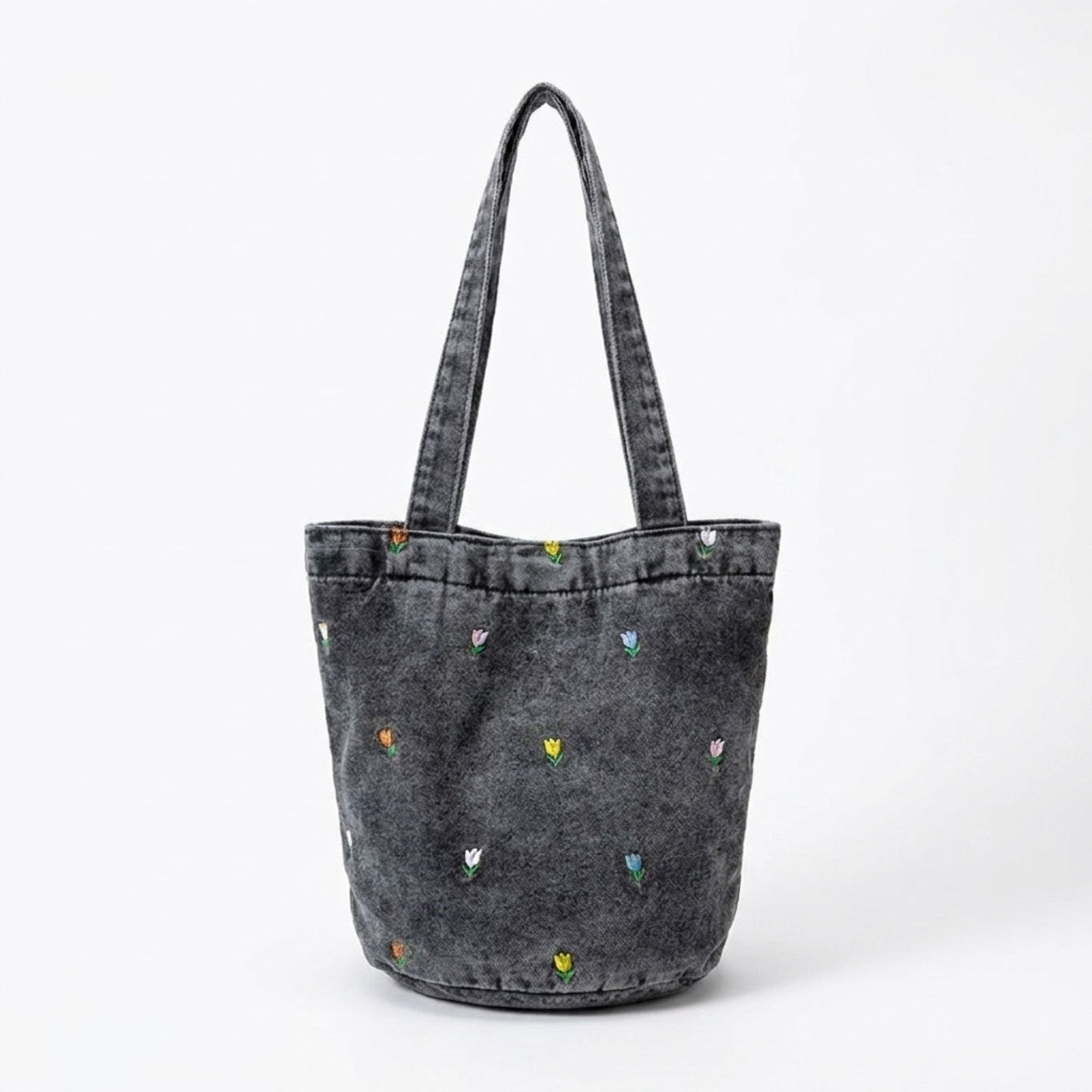 Embroidered Floral Bucket Tote Bag with Shoulder Handles