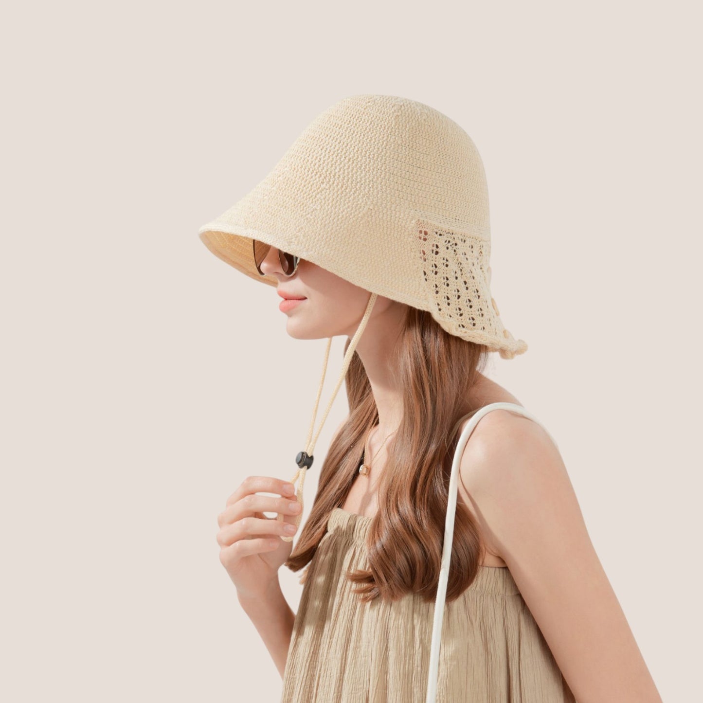 Crochet Bucket Hat with Adjustable Chin Strap and Back Button Eyelet Panel for Sun Protection